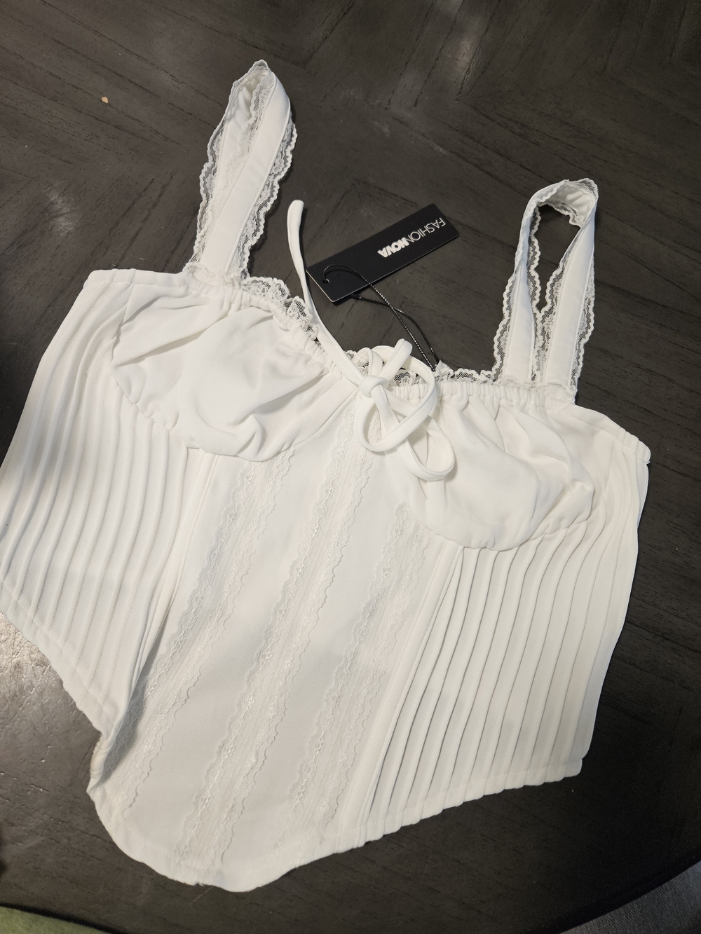 Fashion Nova White Lace-Trim Pleated Cami Crop Top